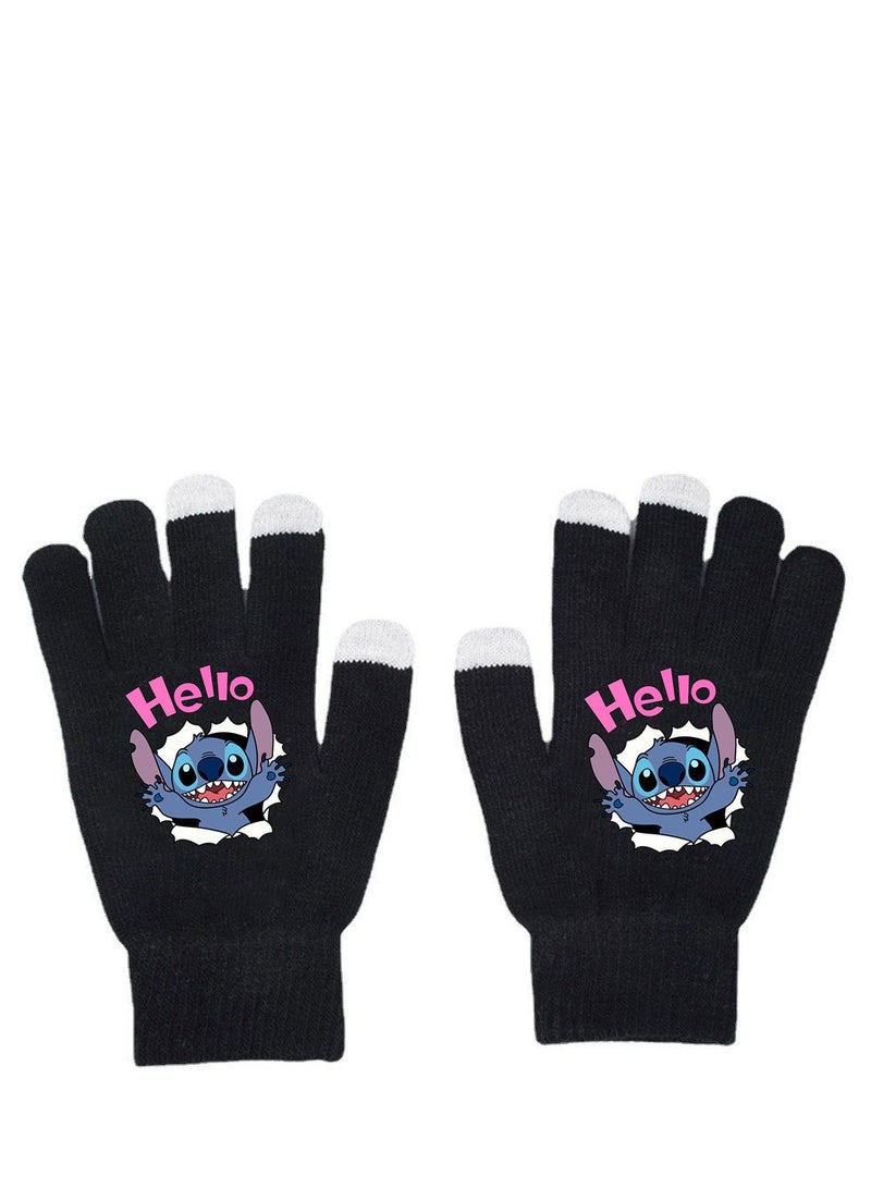 2-piece Stitch Pattern Children's Winter Gloves and Children's Knit Hat Warm Combo Black One-size-fits-all - Image 3